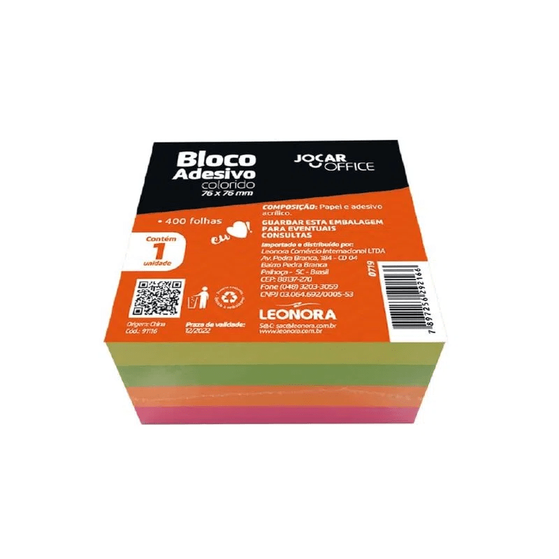 Bloco Adesivo Cubo 76x76mm Colorido 400 Folhas Jocar Office – 1BL