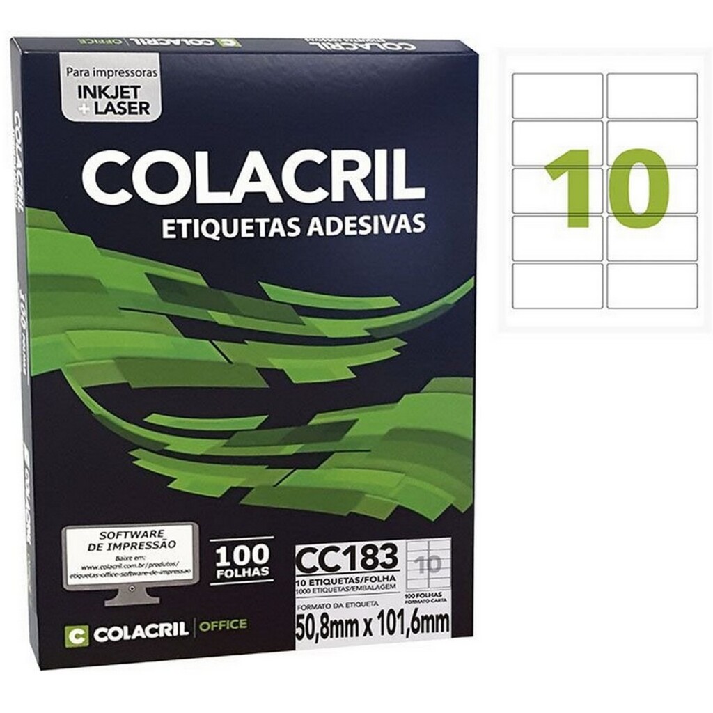 Etiqueta Autoadesiva 50,8×101,6 mm – 10 etiquetas por folha Carta 100 folhas Colacril- 1PCT