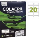 Etiqueta Autoadesiva 25,4×101,6 mm – 20 etiquetas por folha Carta 100 folhas Colacril – 1PCT