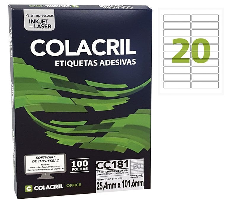 Etiqueta Autoadesiva 25,4×101,6 mm – 20 etiquetas por folha Carta 100 folhas Colacril – 1PCT