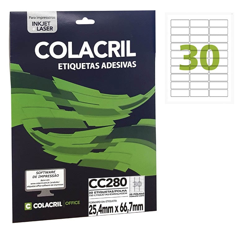 Etiqueta Autoadesiva 25,4×66,7 mm – 30 etiquetas por folha Carta 100 folhas Colacril – 1PCT