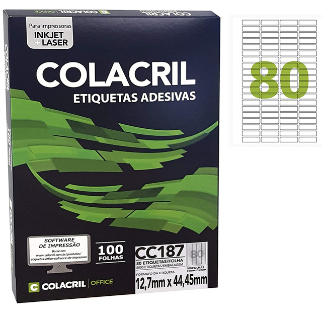 Etiqueta Autoadesiva 44,4×12,7 mm – 80 etiquetas por folha Carta 100 folhas Colacril