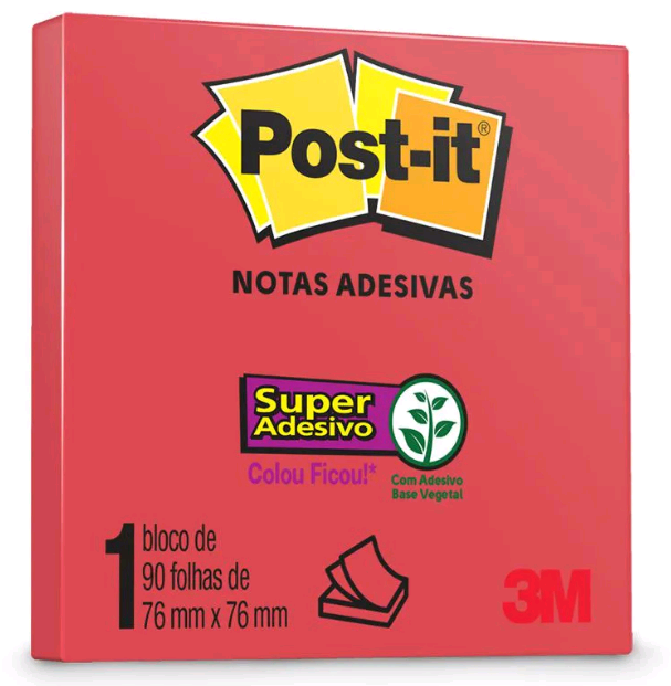Bloco Post-it Adesivo Vermelho 76x76mm com 90 Folhas 3M – 1UN