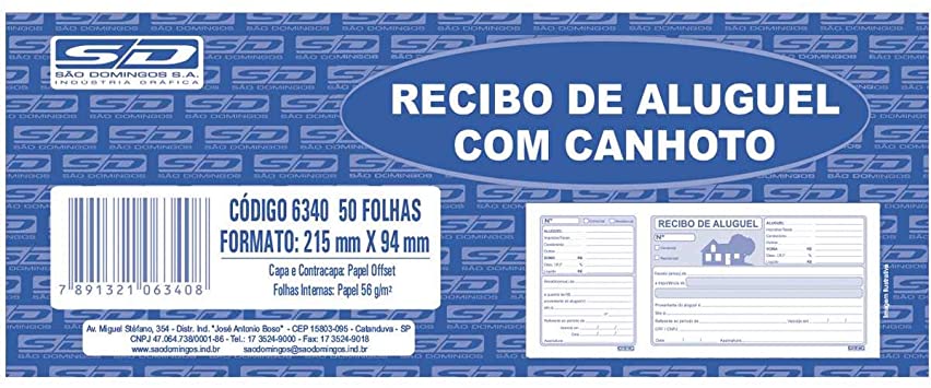 Bloco Recibo de Aluguel com Canhoto 50 Folhas São Domingos – 1UN